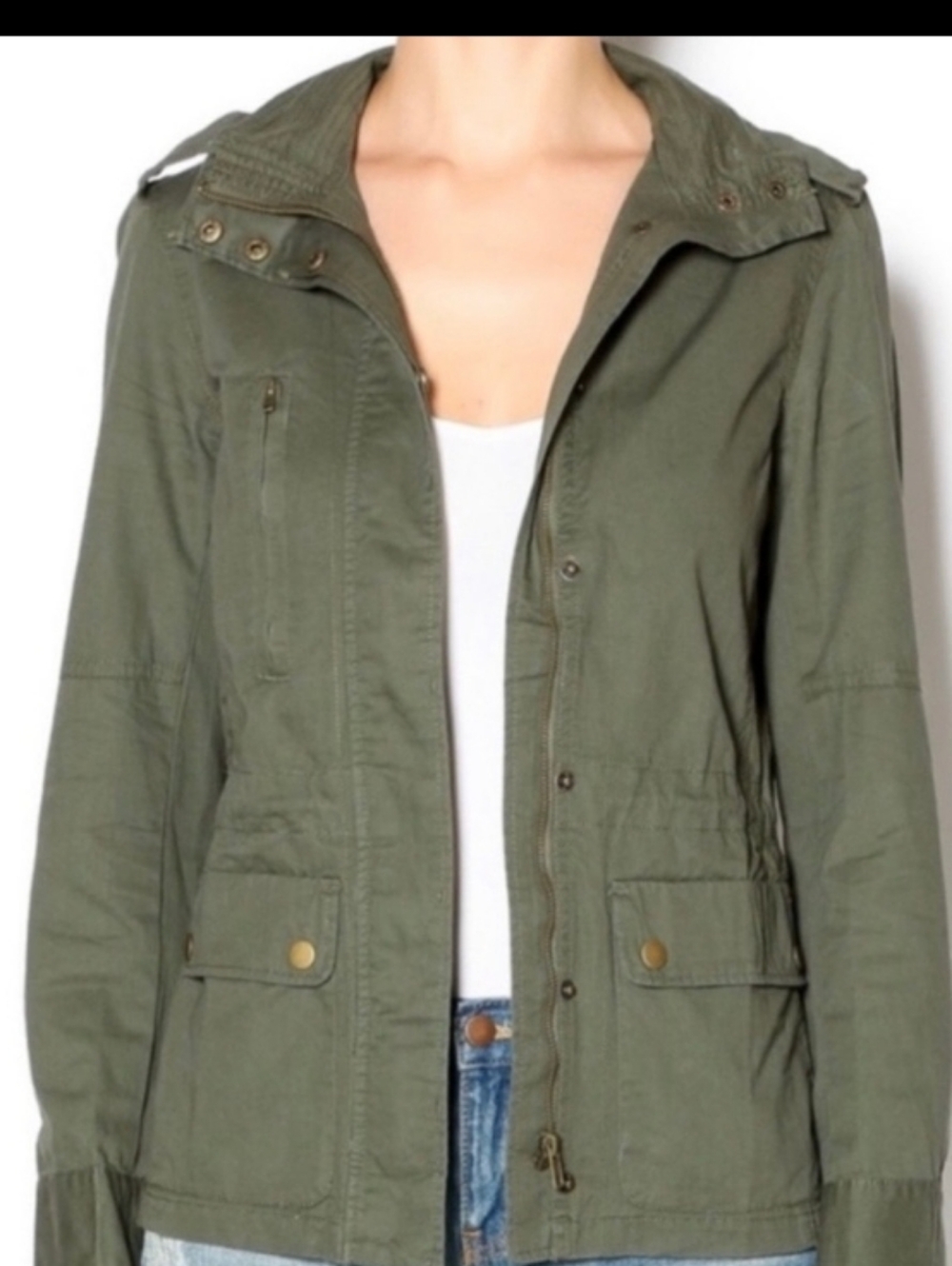 Love Tree Military Olive Green Utility Jacket Pockets Snap Zip Elastic Back Punk